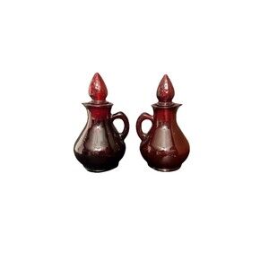 Pair of Vintage Avon Ruby Red Glass Cruets with Stoppers Gothic Vampire Granny